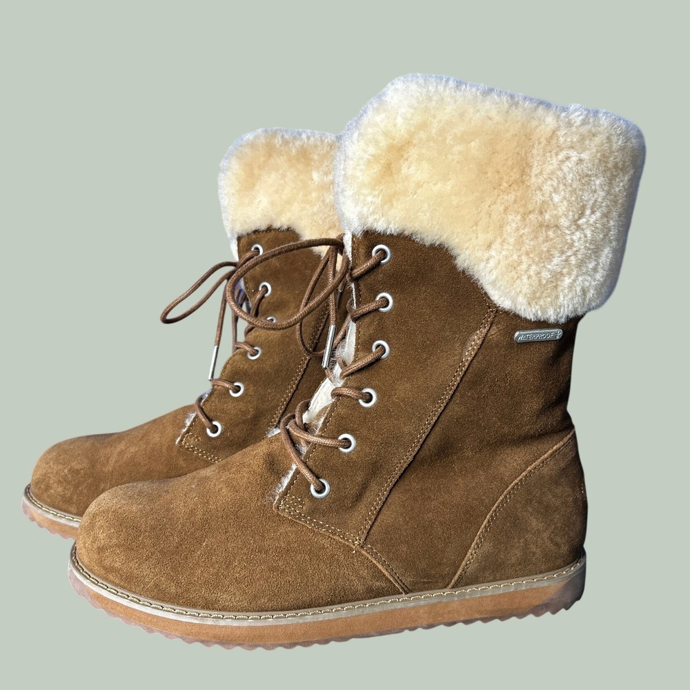 Emu Australia Womens Oak Brown Shoreline Waterproof Suede Boot Sz 9 Winter Fur